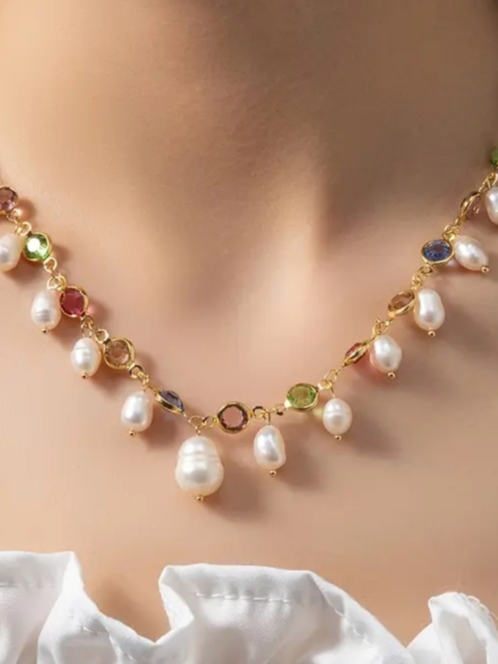 Gold Plated Freshwater Pearl Multi Stone Necklace